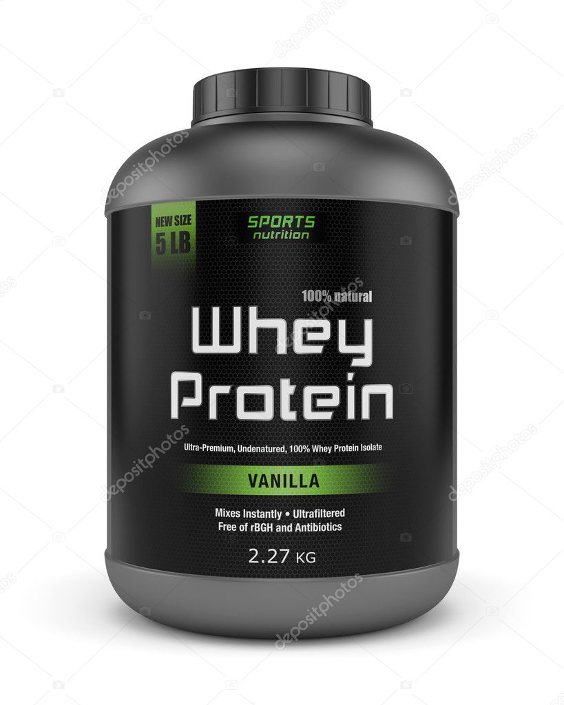 Big jar of whey protein isolated on white