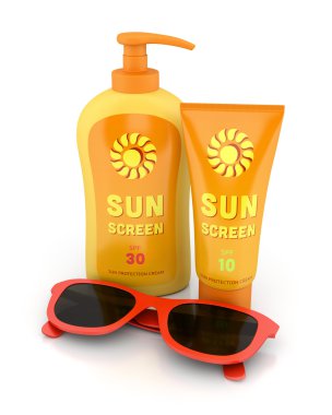 Güneş kremi ve kırmızı güneş gözlüğü