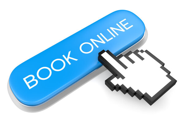 Blue button Book Online and hand cursor