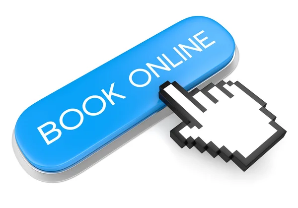 Botão azul Livro Online e mão cursor — Fotografia de Stock
