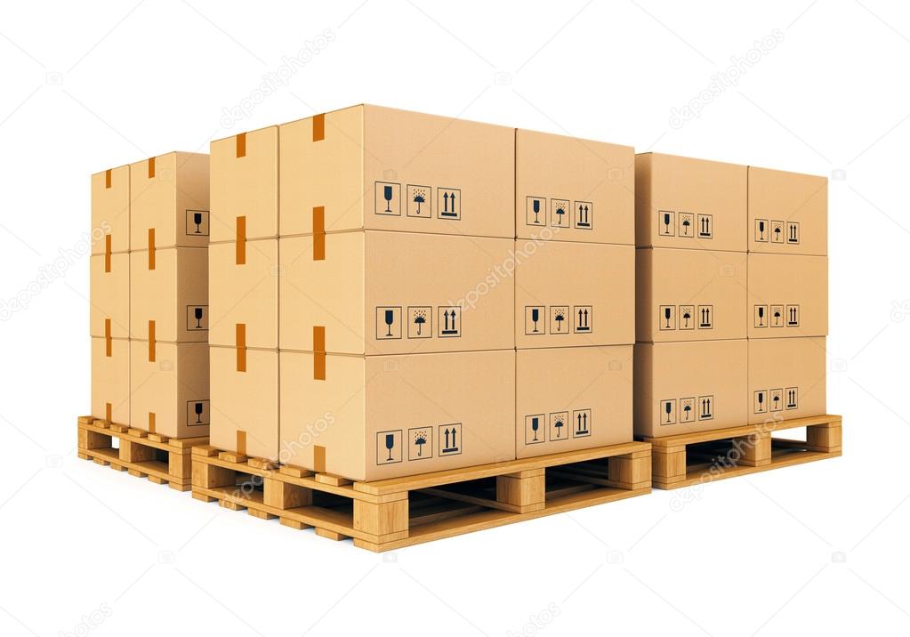 Warehouse: cardboard boxes on pallets