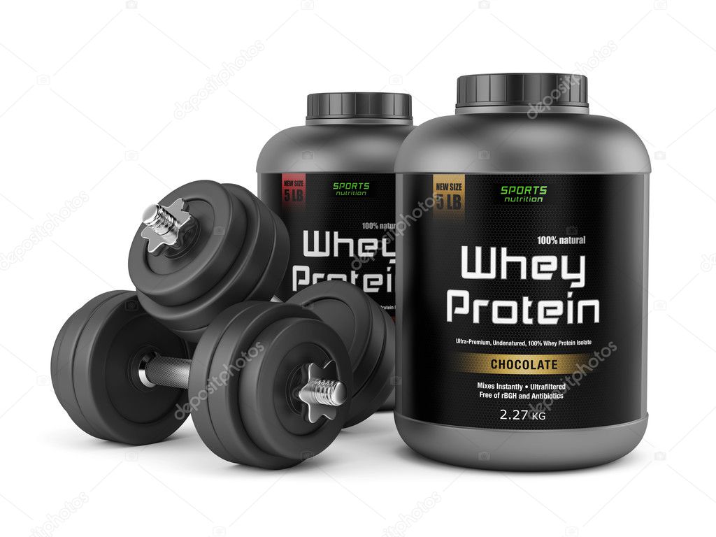 Two dumbbells and jars of protein