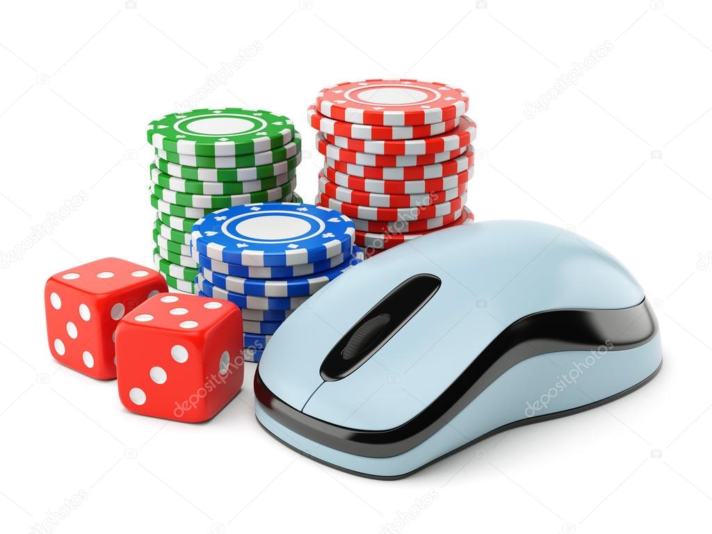 Computer mouse, pile of gambling chips and two dices isolated on white background. Online poker, card games, internet casino, luck and winning concept.