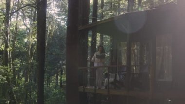 Kitap okuyan ve ormandaki sıcak bir kulübede sıcak çay içen genç bir kadın. Ormanın ortasındaki ahşap kulübe güneşli ahşap dağ kulübesi kırsal ev mimarisi..
