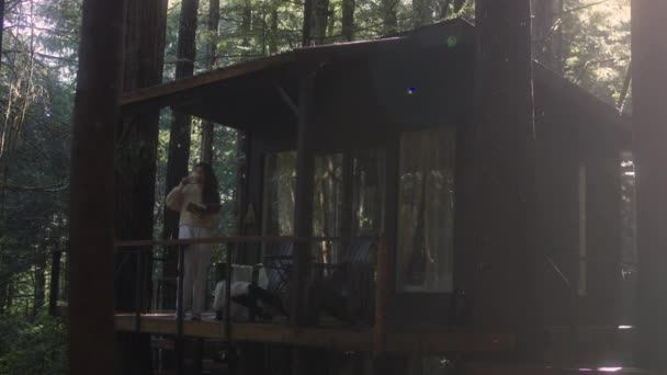 Young Woman Reading Book Drinking Hot Tea Porch Cozy Cabin — Vídeos de Stock