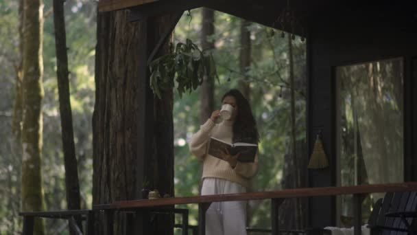 Young Woman Reading Book Drinking Hot Tea Porch Cozy Cabin lizenzfreies Stockvideo