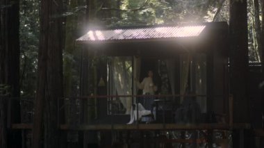 Kitap okuyan ve ormandaki sıcak bir kulübede sıcak çay içen genç bir kadın. Ormanın ortasındaki ahşap kulübe güneşli ahşap dağ kulübesi kırsal ev mimarisi..