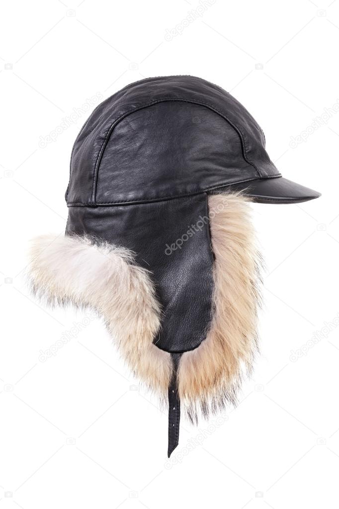 Black leather winter fur hat