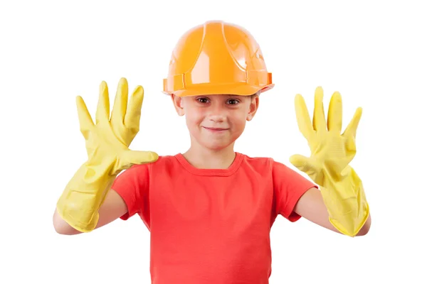 Menina no capacete de construção — Fotografia de Stock