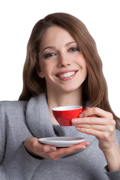 Hezká žena držící šálek kávy — Stock fotografie