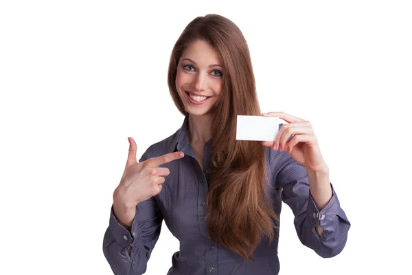 Girl showing a business card in hand — Stock Photo, Image