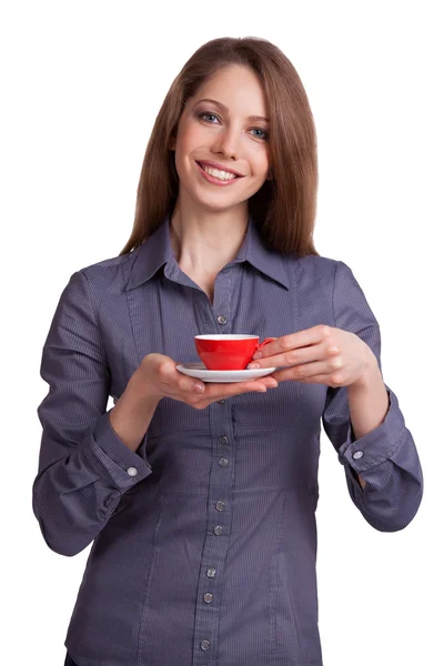 Woman drinking coffee from a red cup — Stock Photo, Image