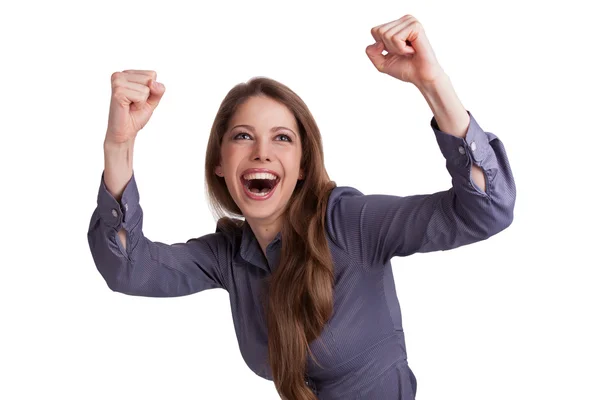Woman enthusiastically raised her hands up Stock Photo
