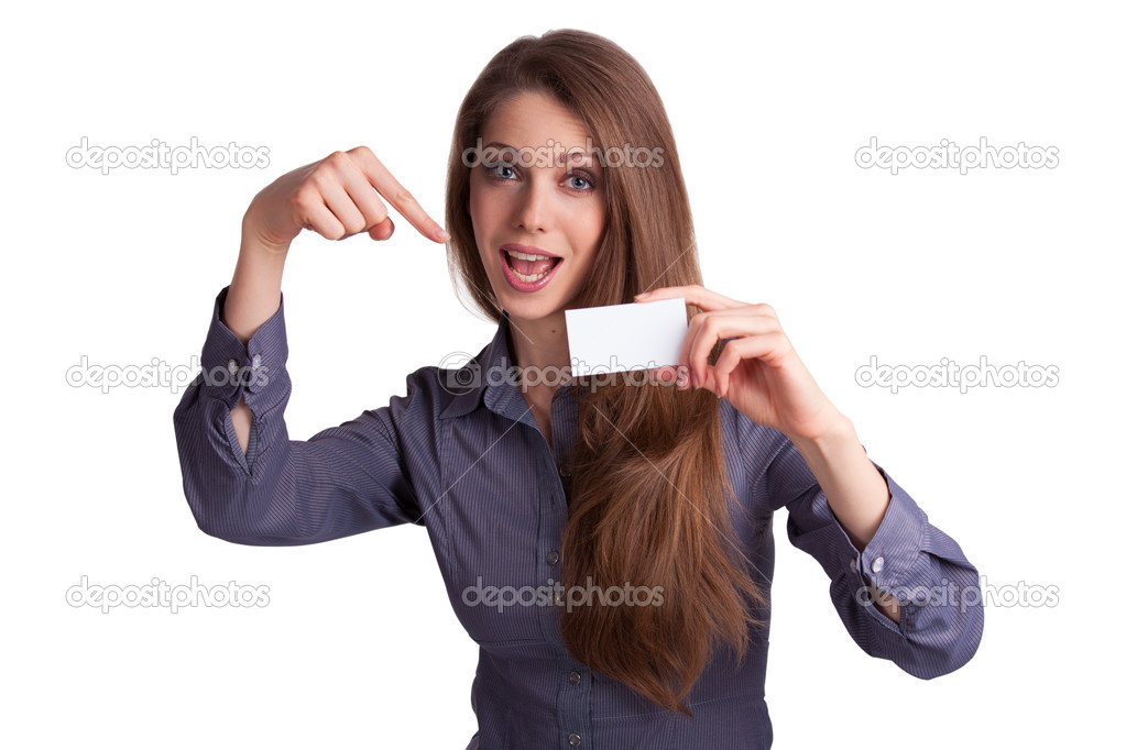 Pretty girl shows a business card