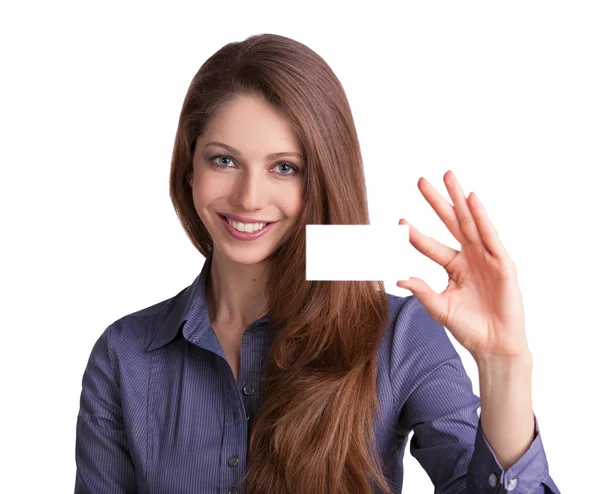 Cute girl showing a business card — Stock Photo, Image