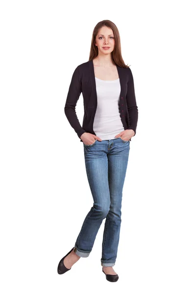 Pretty long-haired girl in blue jeans Stock Picture