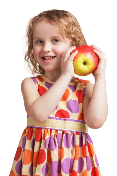 Ευτυχισμένη κοριτσάκι με ένα μήλο στο χέρι του — Φωτογραφία Αρχείου