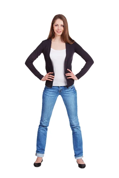 Elegant slim girl in blue jeans — Zdjęcie stockowe