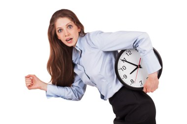 Woman in a hurry with the clock under his arm clipart