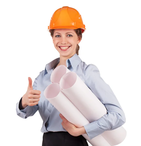 Vrouw - ingenieur in een beschermende helm — Stockfoto