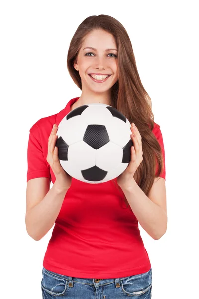 运动女孩拿着一个足球球 — 图库照片