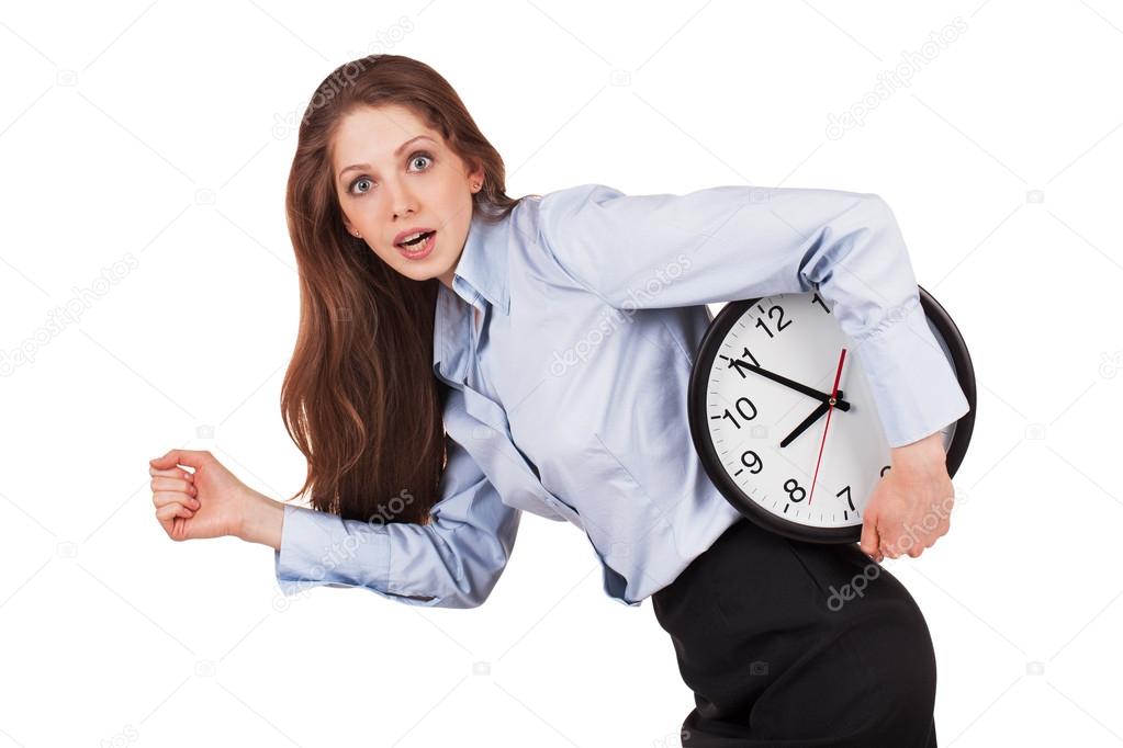 Woman in a hurry with the clock under his arm