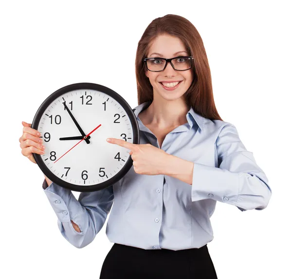 Femme avec une chemise grise avec des heures de bureau — Photo