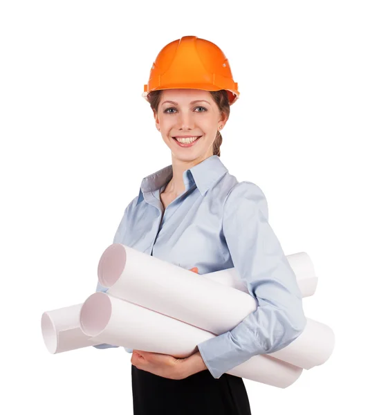 Girl in a protective helmet with drawings — Stock Photo, Image