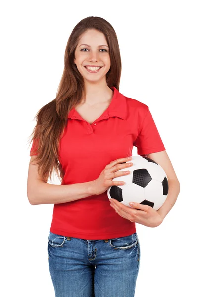 可爱的女孩拿着一个足球球 — 图库照片