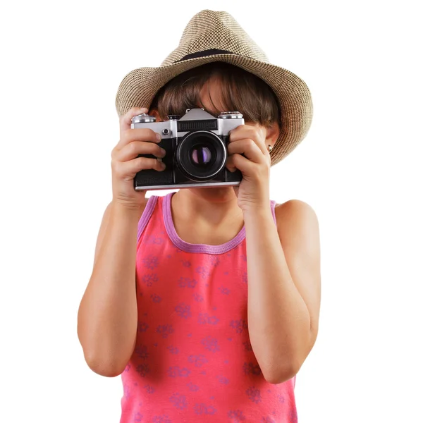 Ragazza con una macchina fotografica nelle mani di — Foto Stock