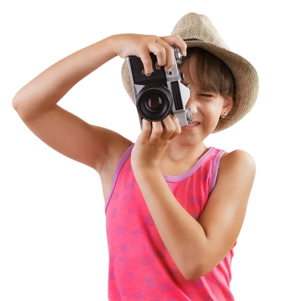 Ragazza fotografie vecchia macchina fotografica — Foto Stock