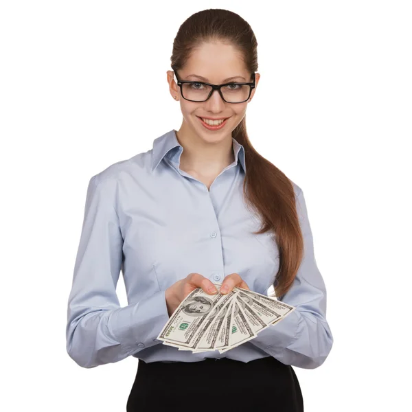 Young woman with hundred dollar bills in his hands — Stock Photo, Image