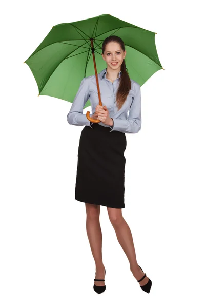 Довольно счастливая девушка с большим зонтиком — стоковое фото