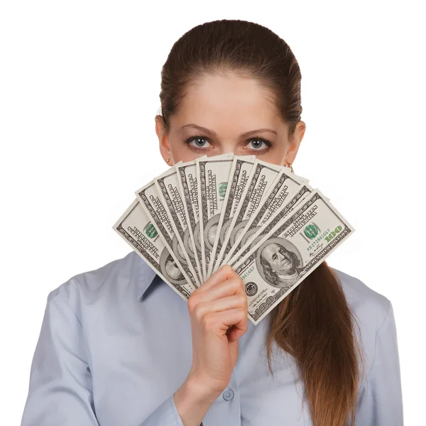 Woman with a fan of hundred dollar bills — Stock Photo, Image