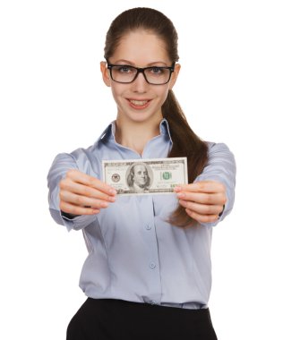 Girl holding a one hundred dollar bill clipart