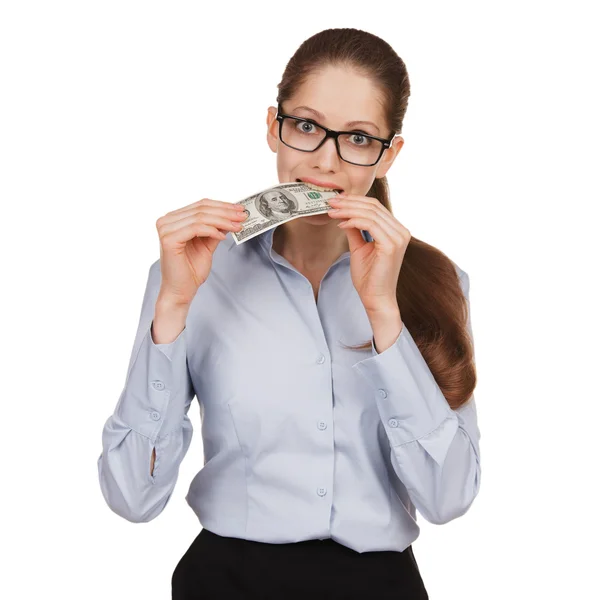 Girl holding a hundred dollar bill in his mouth — Stock Photo, Image