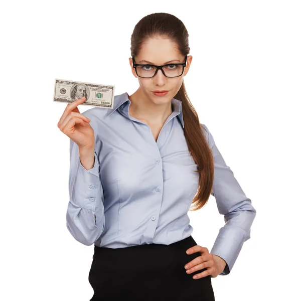 Girl with glasses holding a hundred dollar bill — Stock Photo, Image