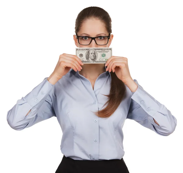 Menina segurando uma nota de cem dólares — Fotografia de Stock