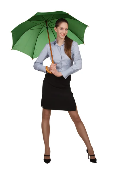 Happy girl under the green umbrella — Stock Photo, Image