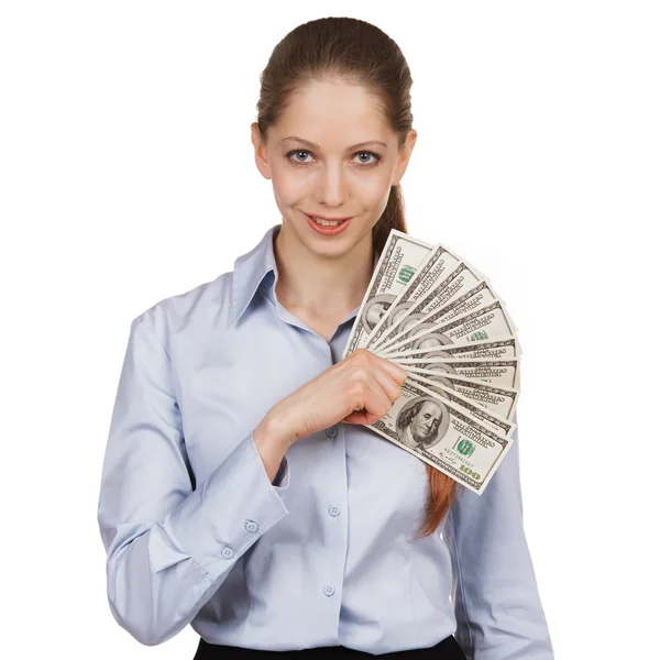 Pretty girl holding a hundred-dollar bills — Stock Photo, Image
