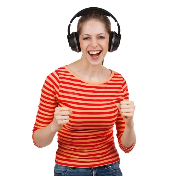 Vrouw met plezier met muziek hoofdtelefoon — Stockfoto