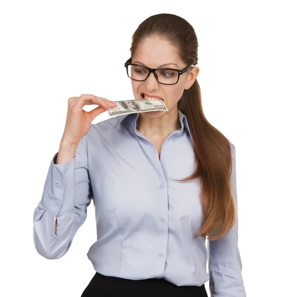 Woman trying to eat a hundred dollar bill — Stock Photo, Image