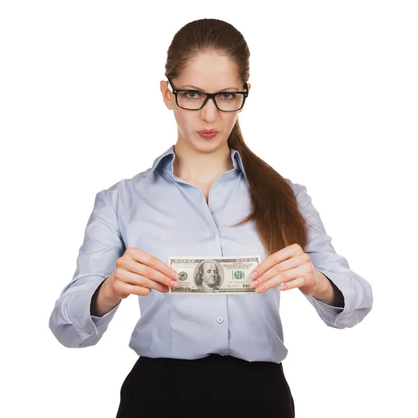 Woman with disdain holding hundred dollar bill — Stock Photo, Image