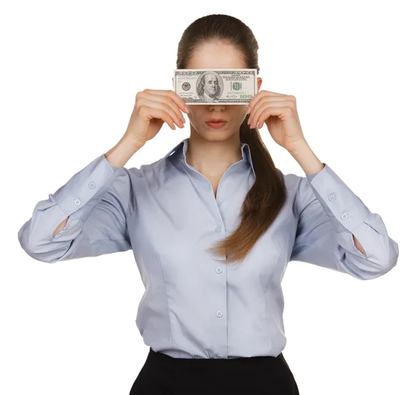 Woman blocking the face of hundred dollar bills — Stock Photo, Image