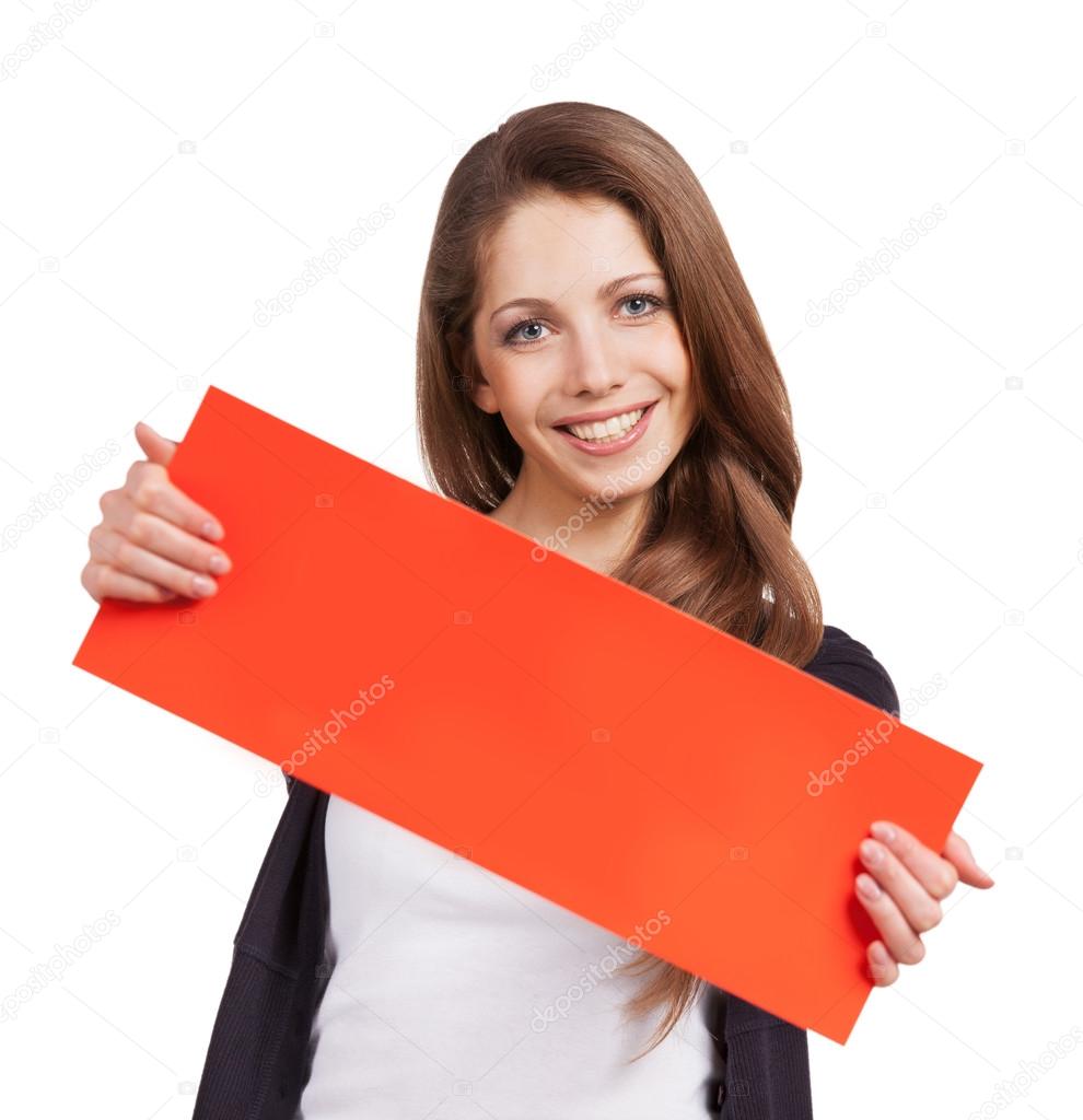 Cute long-haired girl with red placards