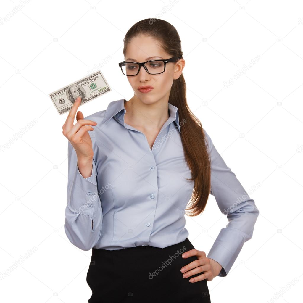 Woman holding a hundred dollar bill disparagingly