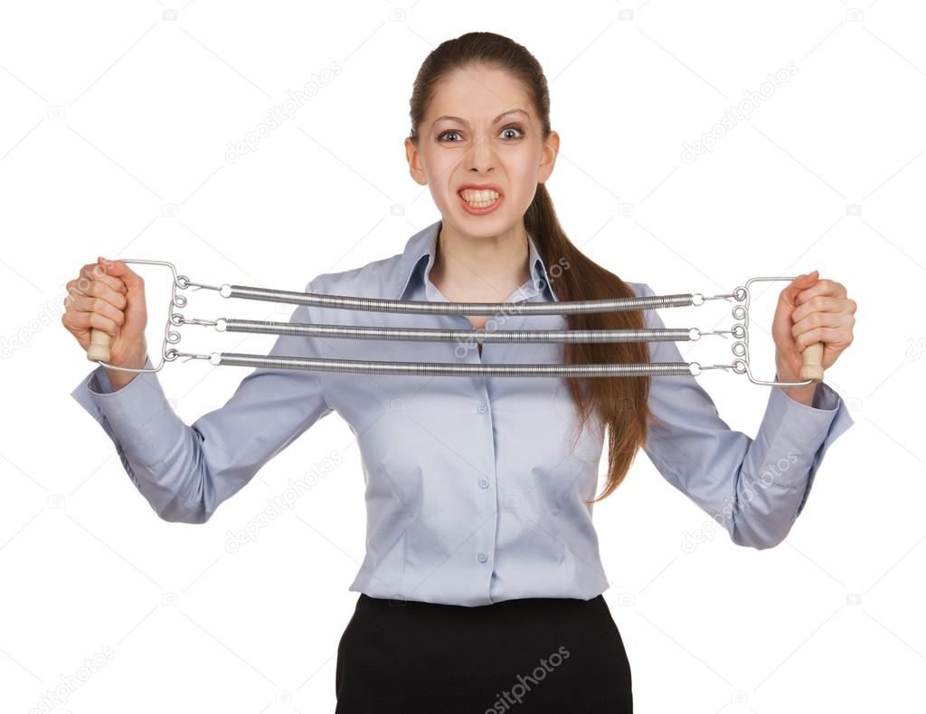Woman trying to stretch the metal expander