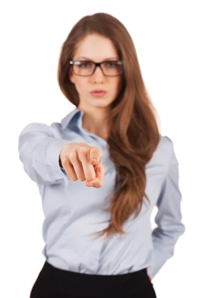 Serious girl shows forefinger forward — Stock Photo, Image