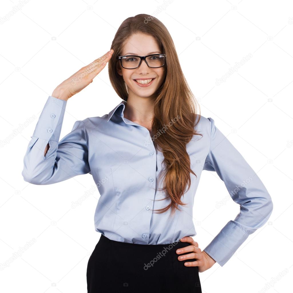Cute woman in glasses welcomes someone