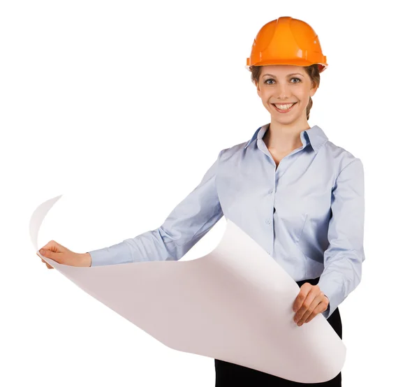 Woman in helmet with a detailed plan — Stock Photo, Image